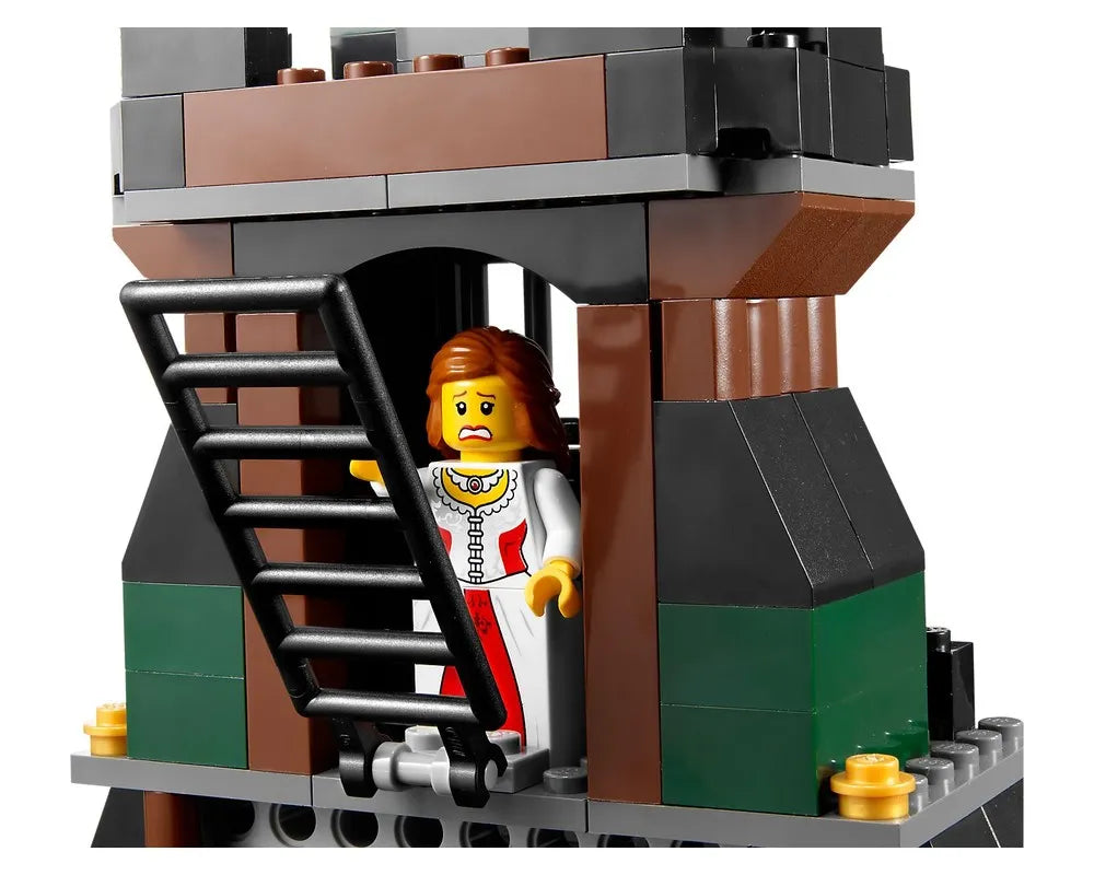 Scared LEGO minifigure woman in white dress looking through a black prison grate in a brown and green castle tower.