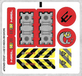 LEGO sticker sheet for Set 7984, featuring red, yellow, and black stickers with gears, trident, sea creature, and warning labels.