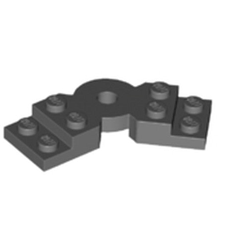 Dark grey LEGO Modified Plate 2x6x2/3 Bent, part 79846, with 8 studs and a central pin hole, angled view.