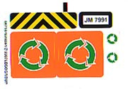 LEGO 7991 sticker sheet with hazard stripes, 'JM 7991' plate, and multiple orange and green recycling symbols.