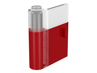 LEGO 1x3x3 left door, clear top with red bottom pattern, and a vertical handle. The red pattern resembles liquid.