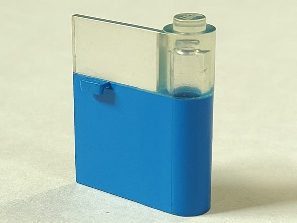 LEGO 802apb00 Door 1x3x3 right, blue base with trans-clear window pattern, horizontal handle, and hinge cylinder with stud.