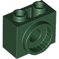 Dark green LEGO Technic 1x2x1 1/3 modified brick with two studs on top and a rotation joint socket with gear teeth on its side.