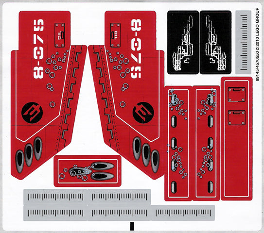 LEGO 8075 sticker sheet: red stickers with '8-075' text, trident logo, circles, black sci-fi panels, and grey ruler strips.