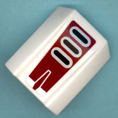 White LEGO curved 2x2 slope brick with a red pattern featuring three black ovals with silver outlines and a white stylized symbol.