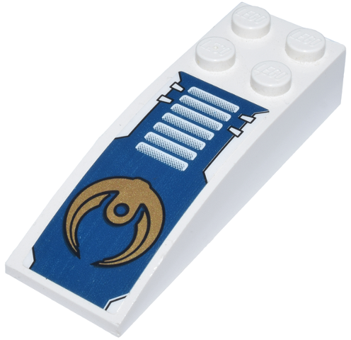 White LEGO Slope, Curved 6 x 2, decorated with a dark blue pattern featuring a gold round symbol and white stripes.