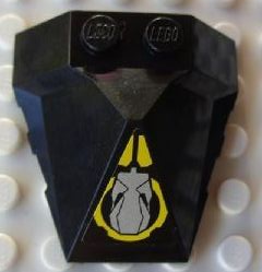 Black LEGO 4x4x1 1/3 pyramid center wedge with a yellow circle and silver robot head pattern.
