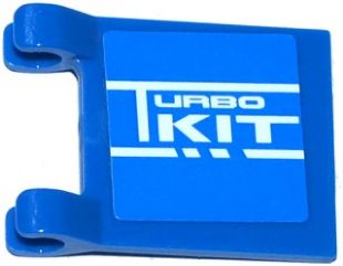 Blue LEGO 2x2 flag piece with two clips, featuring a white 'TURBO KIT' sticker on its surface.
