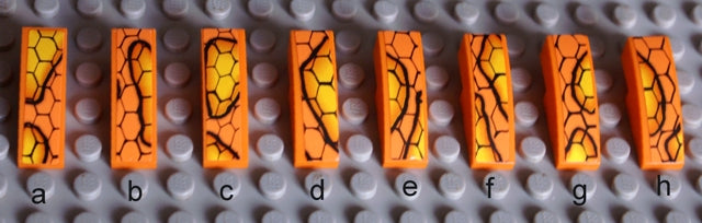 Eight LEGO 50950pb051e Slope, Curved 3 x 1 bricks, each with a different black snakeskin pattern on an orange and yellow hexagonal background, labeled a to h.