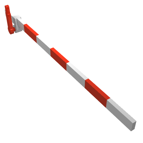 LEGO train level crossing gate, white with red stripes and a red operating handle on the left.