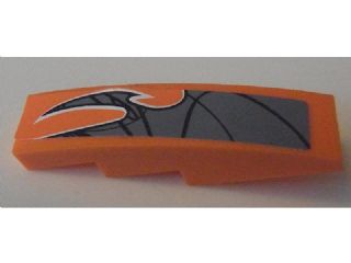 LEGO 61678pb076L orange Slope, Curved 4 x 1 brick with a black and silver patterned sticker on the left side.