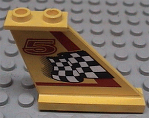 Yellow LEGO tail 4x1x3 with black & white checkered flag, red line & number 5 pattern.