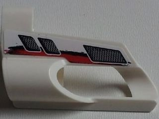 White LEGO Technic panel fairing part 32528pb15 with black and red stripe pattern and mesh vents.