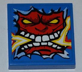 Blue LEGO 2x2 tile with an angry red face pattern, yellow eyes, white teeth, and yellow electric sparks coming from its mouth.