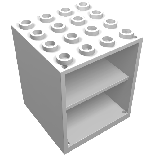 Grey LEGO 4x4x4 Homemaker cupboard piece with 16 studs, two shelves, and door holder holes on the open side.