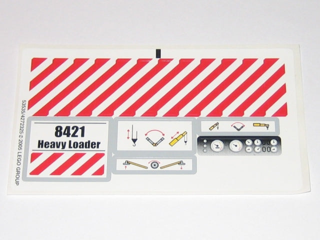 LEGO 8421 Heavy Loader sticker sheet with red/white hazard stripes, '8421 Heavy Loader' text, and control panel decals.