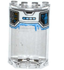 Clear LEGO cylinder half 2x4x5 with 1x2 cutout, featuring a white graphic of a fan, minifigure screen, and blue frost pattern.