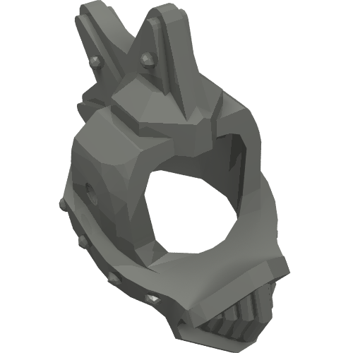 Grey LEGO minifigure helmet, spiked top with grille, and open front and back. Part 85942.