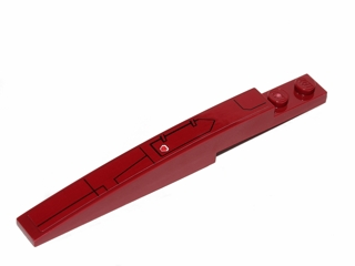 Dark red LEGO Slope, Curved 10 x 1 piece with black hull plate lines pattern, model right, and a red circular detail.