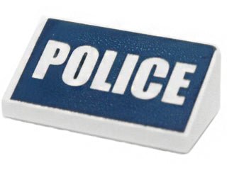 LEGO 85984pb070 Slope 30 1 x 2 x 2/3 brick with 'POLICE' printed on a dark blue background.