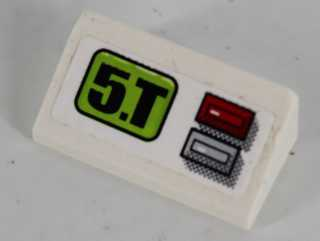 White LEGO Slope 30 1 x 2 x 2/3 with '5.T' in green, red light, and silver button sticker pattern.