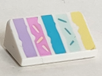 White LEGO slope 1x2x2/3 with vertical stripes in medium lavender, dark pink, medium azure, light aqua, and bright light yellow.