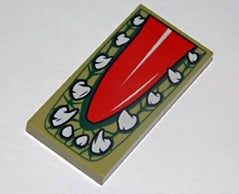 LEGO 87079pb0158 Tile 2x4 featuring a detailed red tongue and white crocodile teeth pattern on an olive green background.