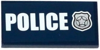 Dark blue LEGO 2x4 tile with white 'POLICE' text and a silver police badge sticker pattern featuring a star.