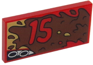 Red LEGO 2x4 tile with '15' in red on a brown mud splotch pattern, showing exhaust pipes and gold accents.