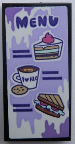 LEGO 87079pb0776 Tile 2x4 with 'MENU' text, cake, cup with 'I♥HLC' and cookie, and a sandwich pattern on a purple background.