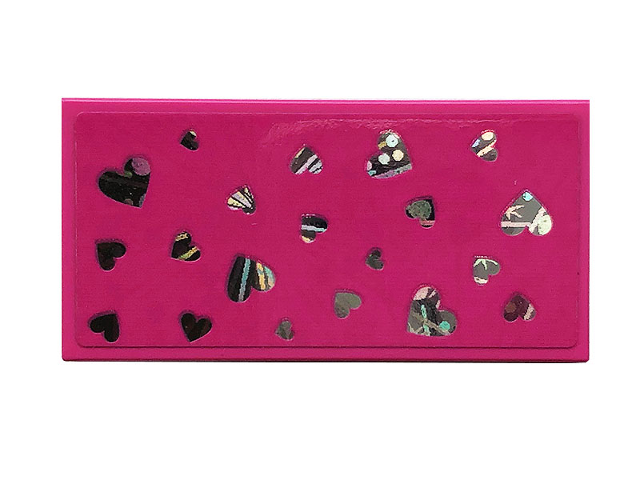 Dark pink LEGO 2x4 tile with multiple heart-shaped cutouts revealing a reflective, patterned sticker underneath.