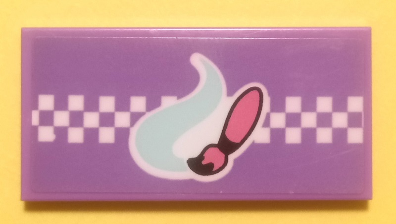 LEGO 87079pb0831 Tile 2x4 with purple background, white checkered band, light aqua paint swirl, and pink paintbrush pattern.