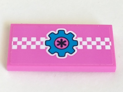 LEGO 87079pb0874 - Tile 2 x 4 with White Checkered Stripe and Dark Azure Gear on Dark Pink Background Pattern (Sticker) - Set 41348