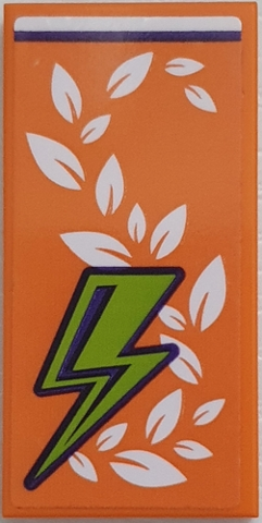 LEGO 87079pb0937 Tile 2x4, orange with white leaves and lime green lightning bolt with purple outline.