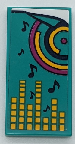 LEGO tile 2x4 with dark turquoise music notes, concentric circles, magenta dot, and yellow equalizer bars pattern.