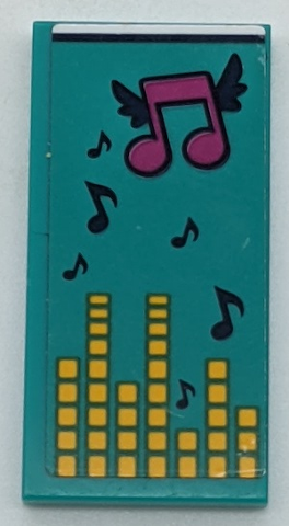 Dark turquoise LEGO tile with magenta winged music note, dark blue music notes, and yellow equalizer bars pattern.