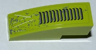 Lime green LEGO curved 3x1 slope, part 50950pb038, with a black grille and white splatters and scratches pattern.