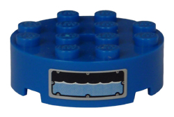 Blue round 4x4 LEGO brick with 12 studs on top and a water level window pattern sticker on the side.