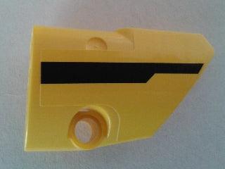 Yellow LEGO Technic panel fairing #2 small smooth short with a black stripe pattern sticker and two circular holes.