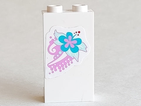 White LEGO 1x2x3 panel with side supports, featuring a bright pink, light aqua, and medium azure flower sticker.