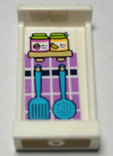 White LEGO panel 1x2x3 (87544pb066) with a sticker pattern on the inside, showing two jars, two blue kitchen utensils, and purple tiles.