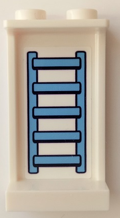 White LEGO panel 1x2x3 with side supports and hollow studs, featuring a sticker of a dark azure ladder/towel rack pattern.