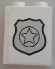 LEGO 87552pb046 - Paneel 1 x 2 x 2 met zijsteunen - Hollow Studs met zilver politieembleem patroon (Sticker) - Set 60049