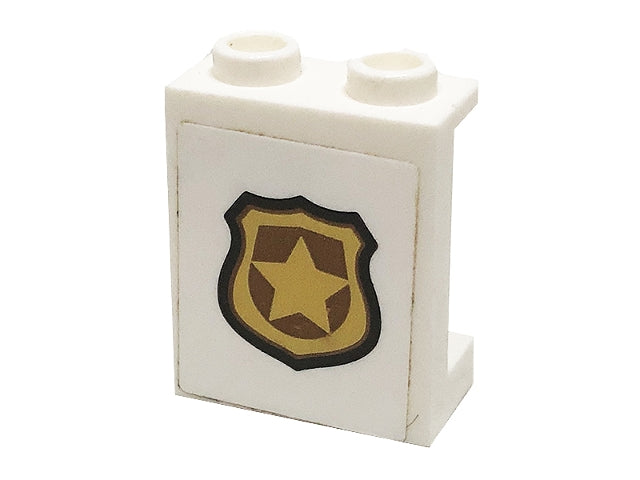 LEGO 87552pb055 - Paneel 1 x 2 x 2 met zijsteunen - Holle studs met gouden politie-insigne patroon (sticker) - Set 60140