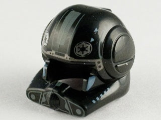 Black LEGO minifigure helmet with open visor, sand blue and medium blue markings, and Imperial cog logo.