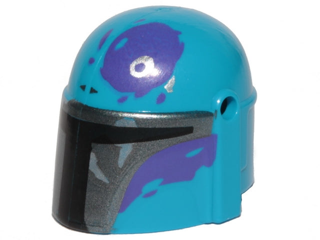 LEGO 87610pb13 Minifigure Headgear Helmet, teal SW Mandalorian with holes, silver and dark purple pattern.