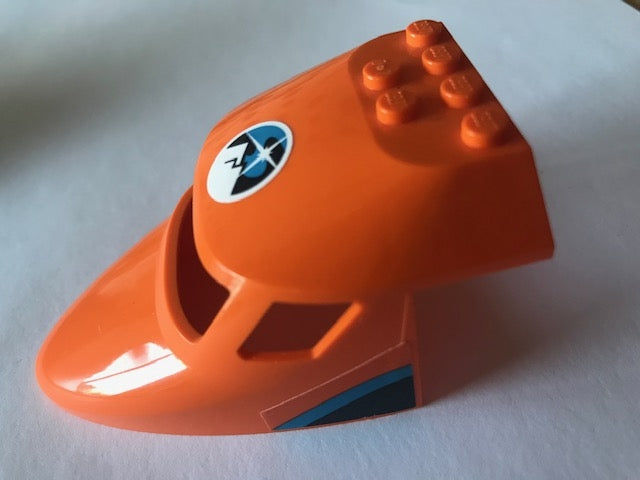 Orange LEGO aircraft fuselage piece, curved, with 6 studs, Arctic Explorers logo, and dark azure/blue stripes.
