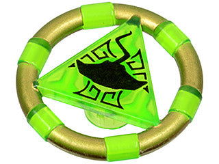 Gold ring with translucent neon green bands, enclosing a neon green triangle with a black manta ray pattern.