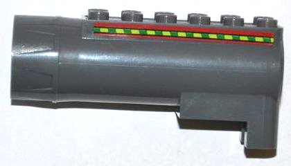 Dark gray LEGO 87944pb04 Air Blast Launcher Receiver from set 7967 with red, green, and lime striped sticker.