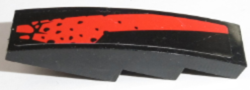 LEGO black curved 4x1 slope with a red stripe and black splotches pattern on the right side.
